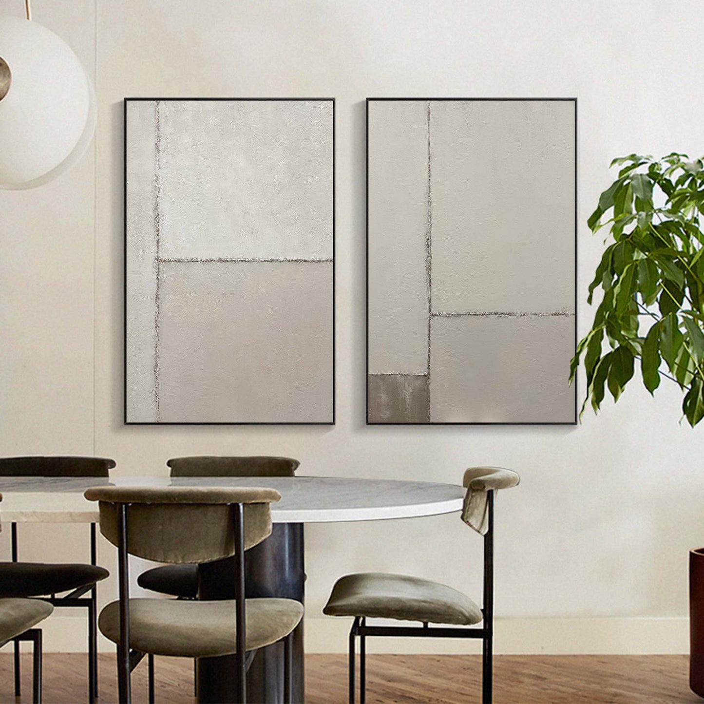 Contemporary Dual Panel Abstract Oil Painting in Soothing Neutral Tones