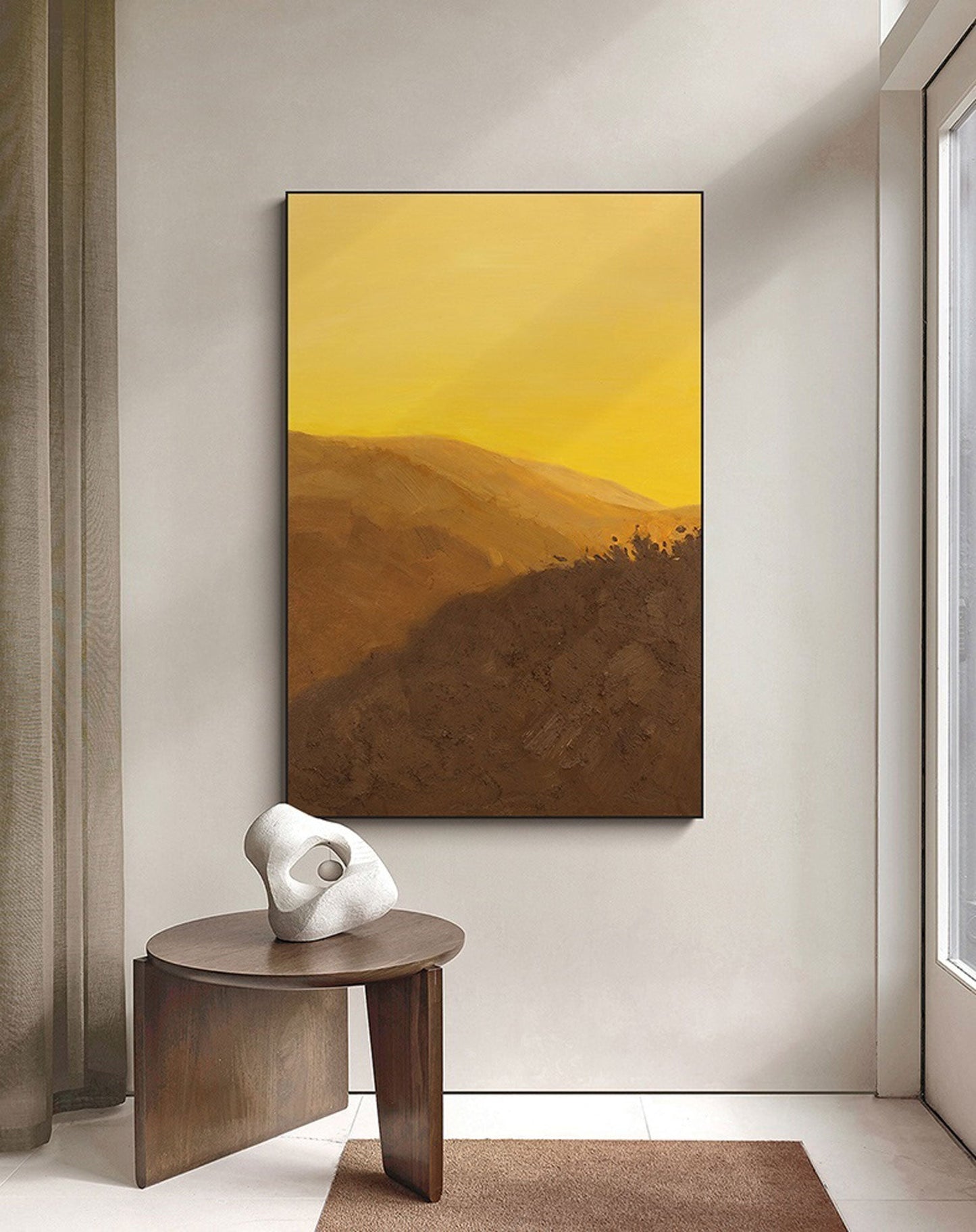 Serene Minimalist Oil Painting of Golden Landscape at Sunset
