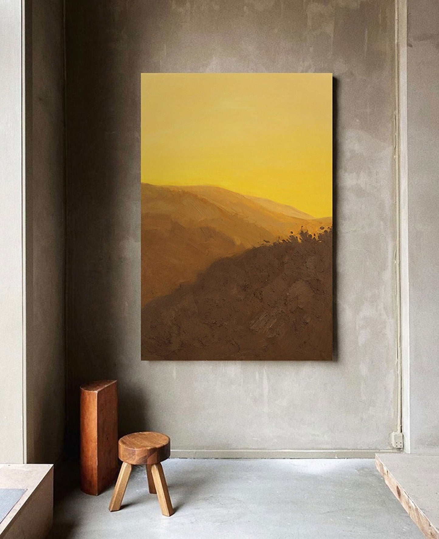 Serene Minimalist Oil Painting of Golden Landscape at Sunset