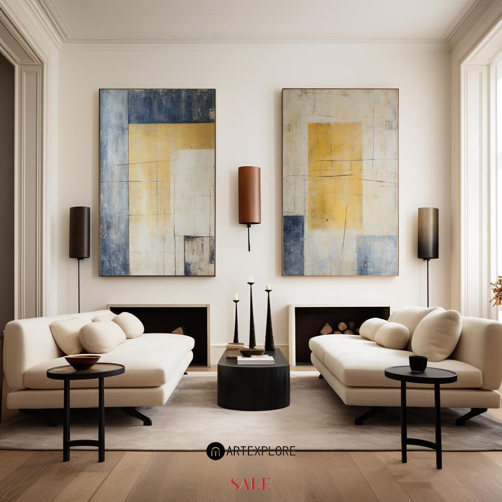 Contemporary Abstract Duo in Yellow and Blue for Modern Home Decor