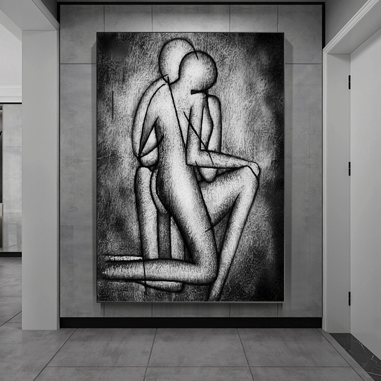 Contemporary Abstract Oil Painting of Two Figures Embracing in Shadows