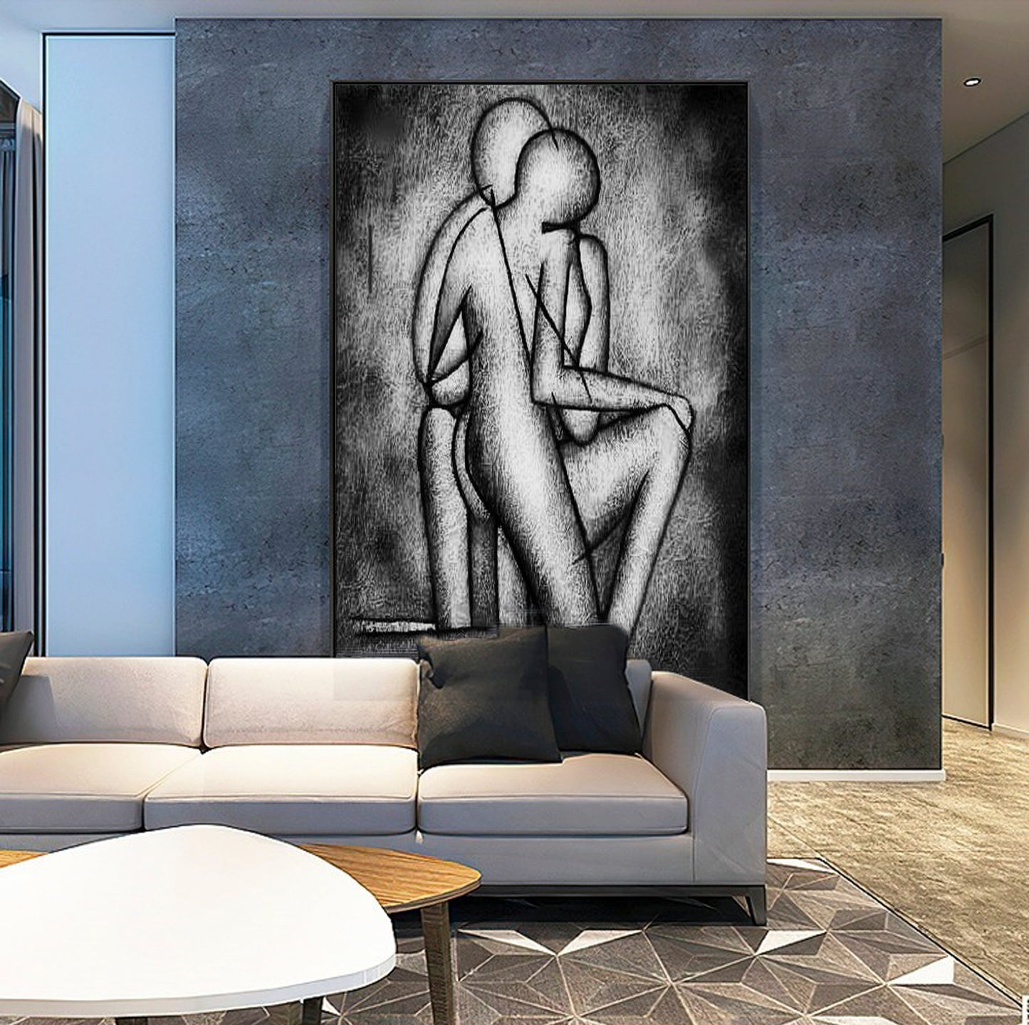 Contemporary Abstract Oil Painting of Two Figures Embracing in Shadows