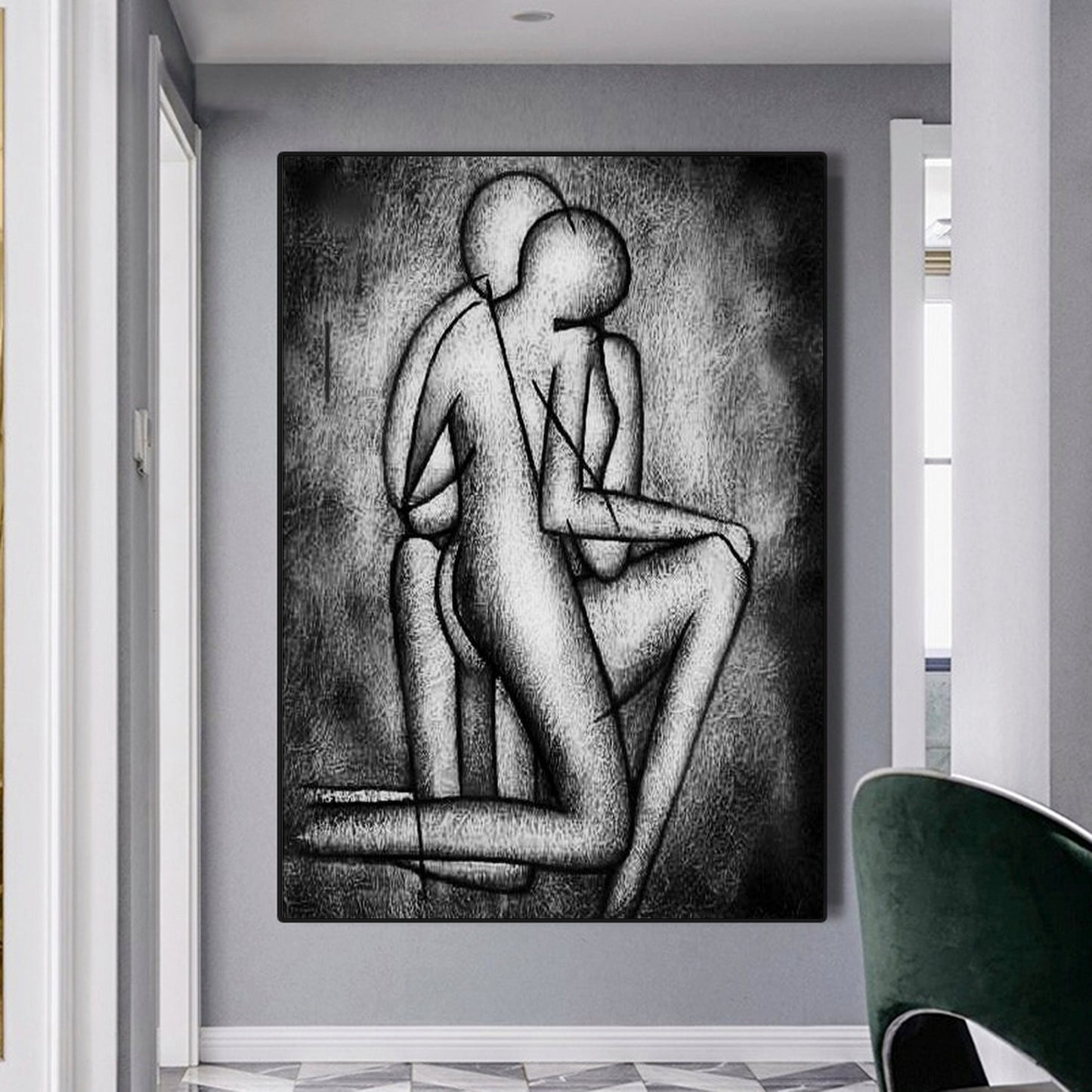 Contemporary Abstract Oil Painting of Two Figures Embracing in Shadows