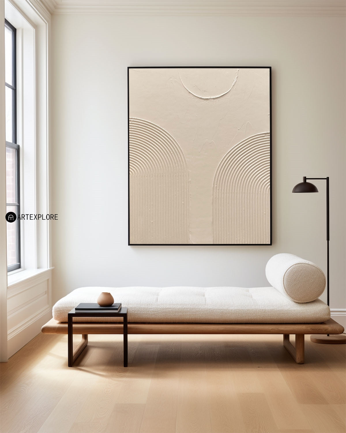 Modern Beige Abstract Oil Painting with Textured Lines and Minimalist Design