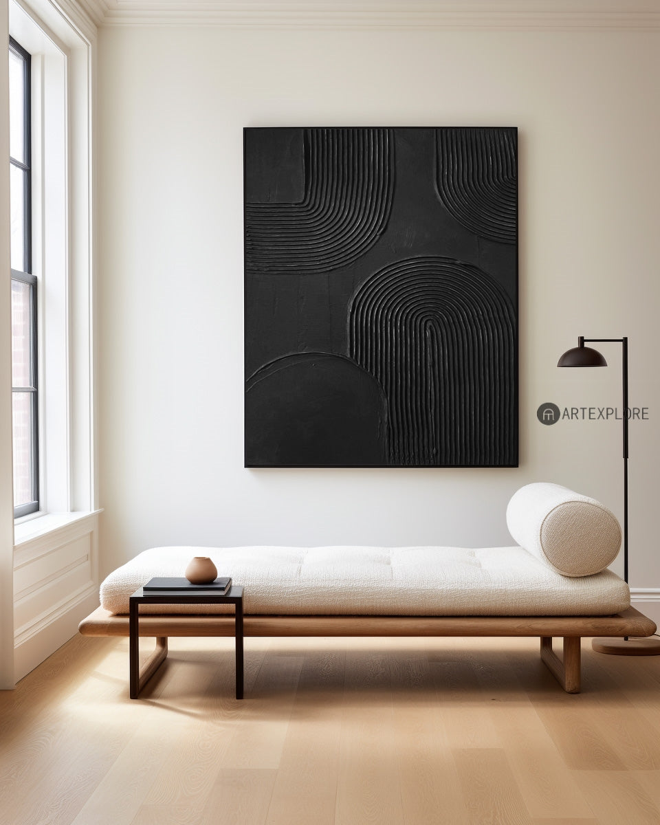 Contemporary Black Abstract Oil Painting with Textured Lines and Minimalist Elegance