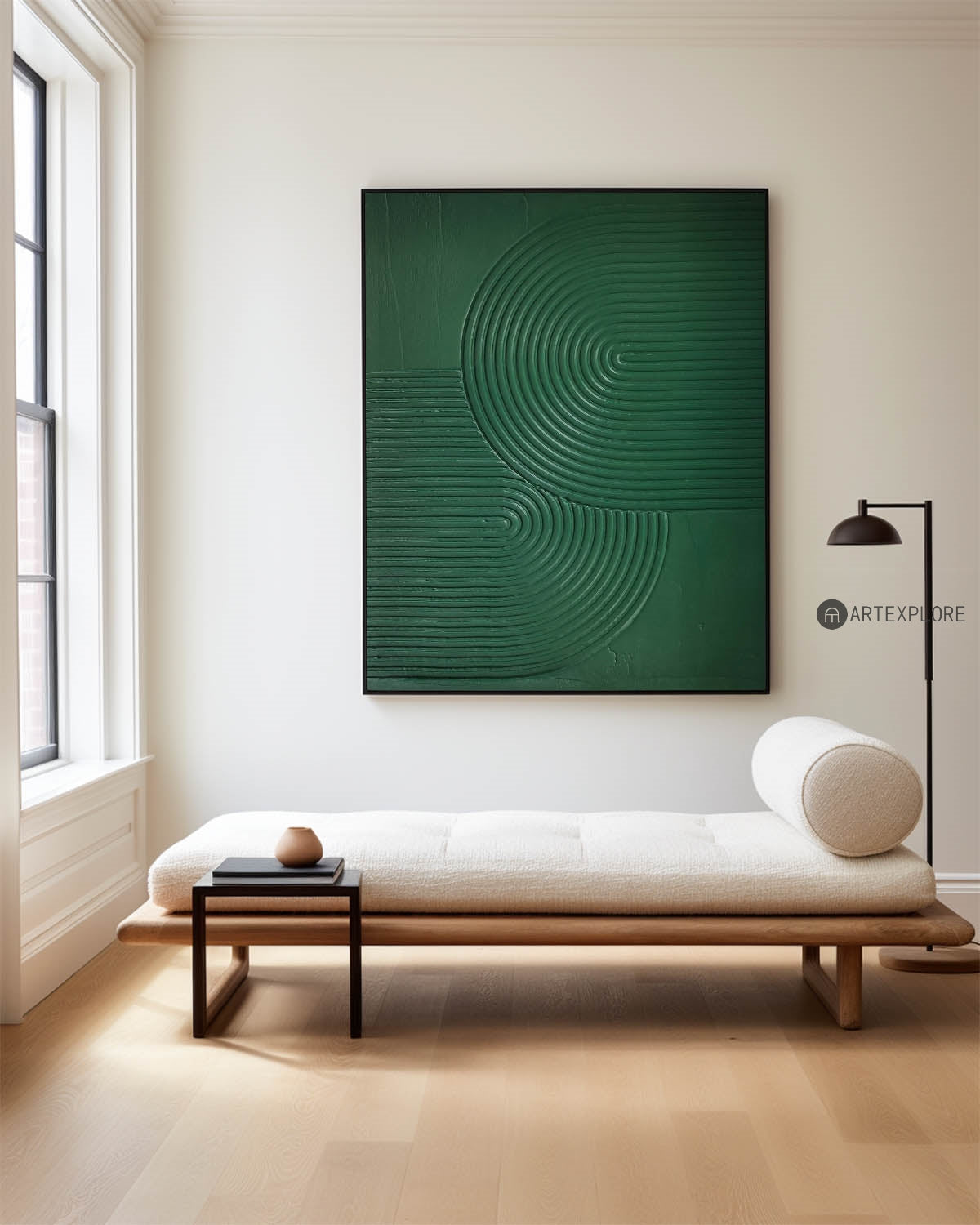 Contemporary Green Abstract Oil Painting with Minimalist Texture