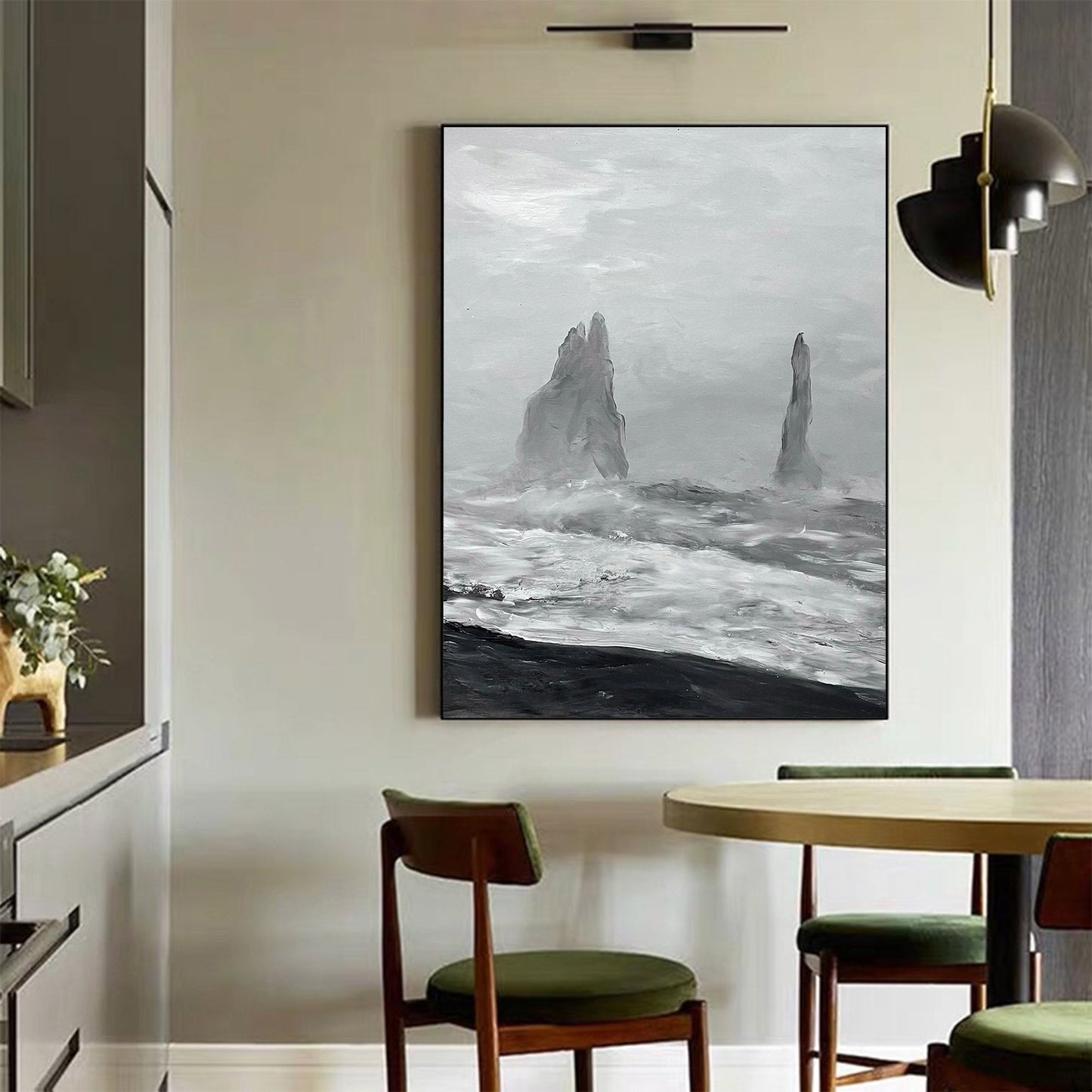 Monochromatic Coastal Landscape Oil Painting with Dramatic Waves and Rocks