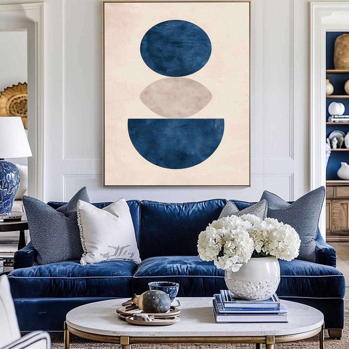 Contemporary Blue Geometric Abstract Oil Painting for Modern Home Decor