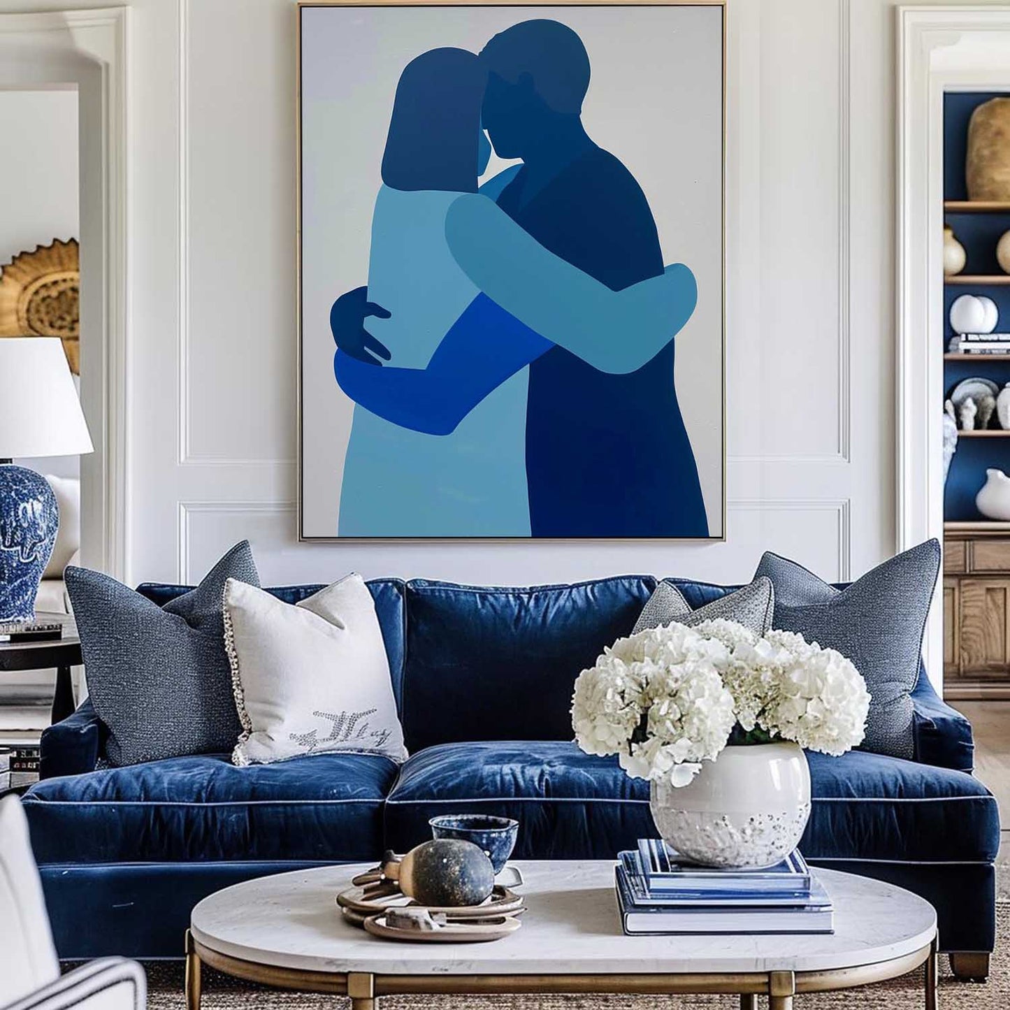 Contemporary Blue Abstract Couple Embrace Oil Painting
