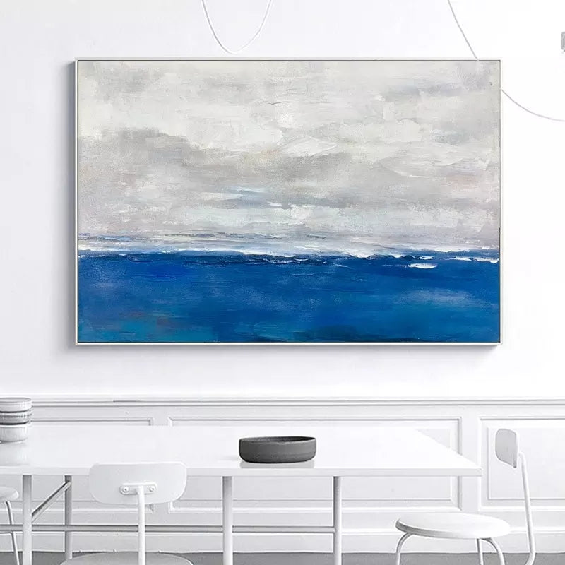 Serene Coastal Landscape Oil Painting with Tranquil Blue Waters and Soft Clouds