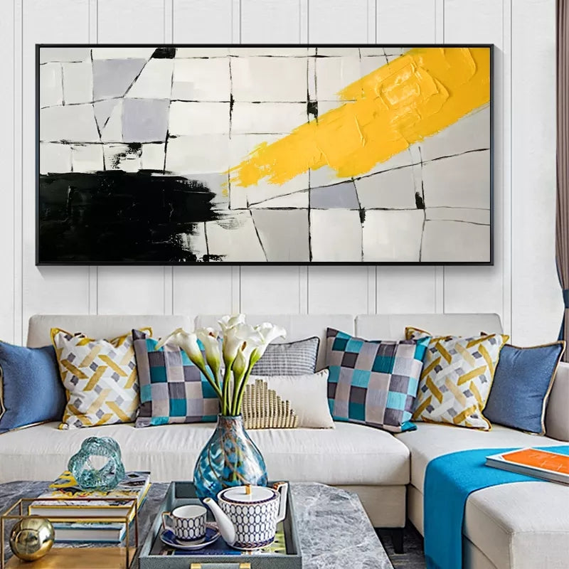 Abstract Yellow and Black Oil Painting for Modern Home Decor
