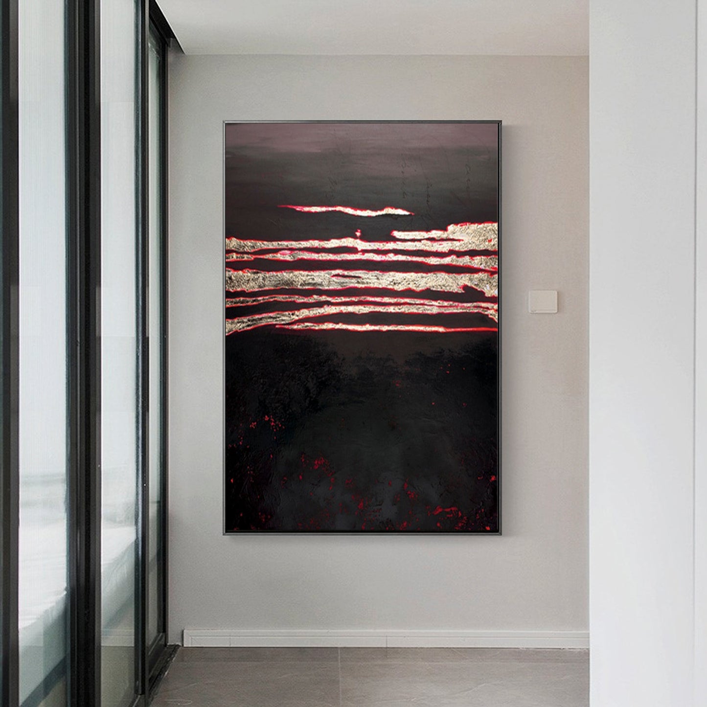 Abstract Landscape Oil Painting - Dramatic Black and Red Horizon Art