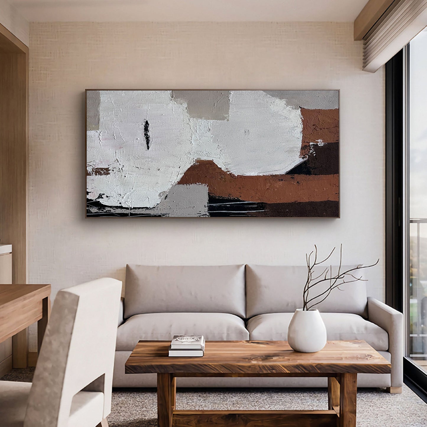 Contemporary Abstract Oil Painting with Neutral Tones and Bold Brushstrokes