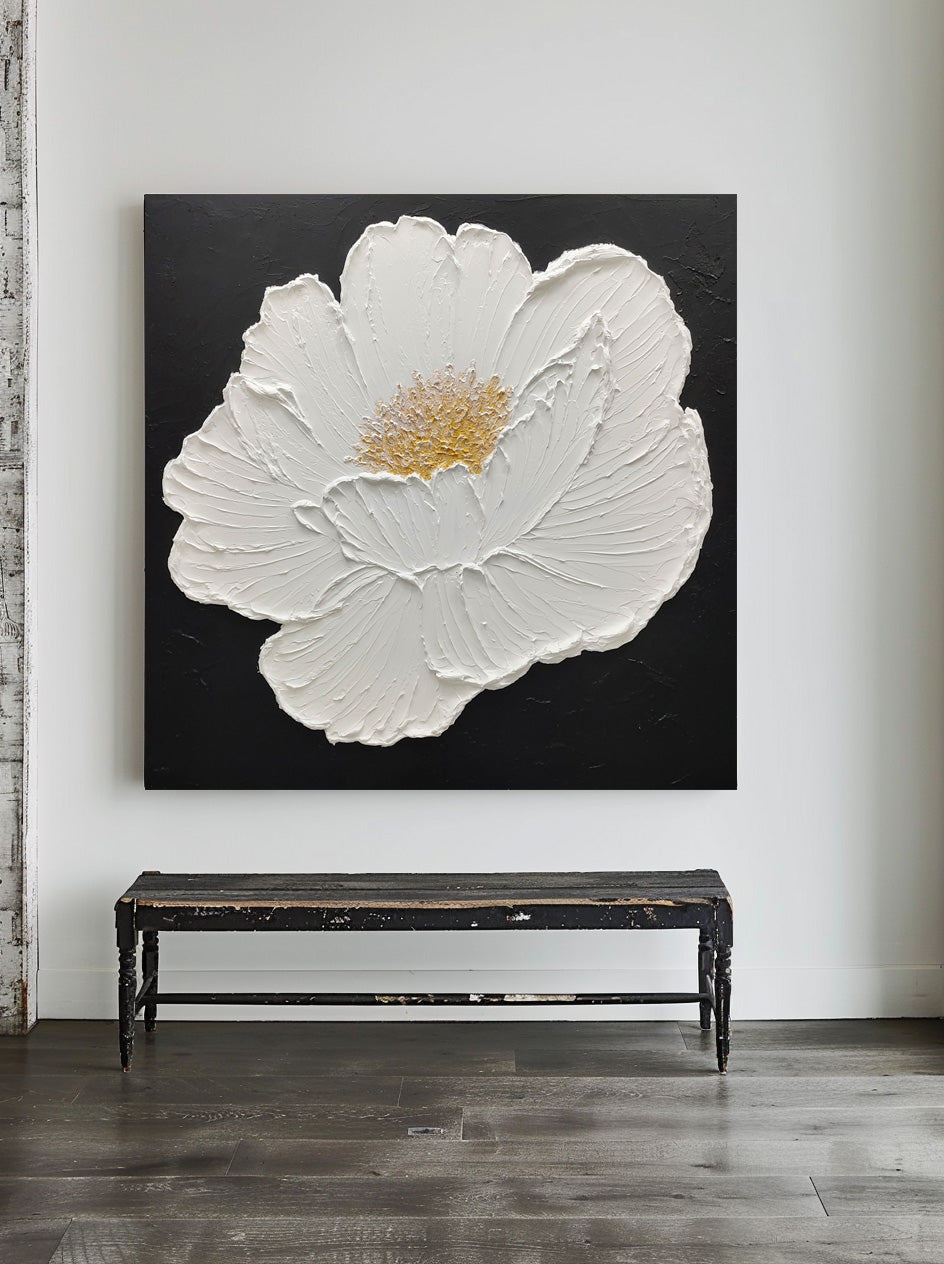 Elegant White Flower Oil Painting on Black Canvas - Modern Abstract Art Decor