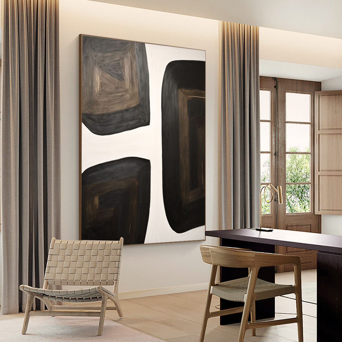 Modern Black and White Geometric Oil Painting for Contemporary Home Decor