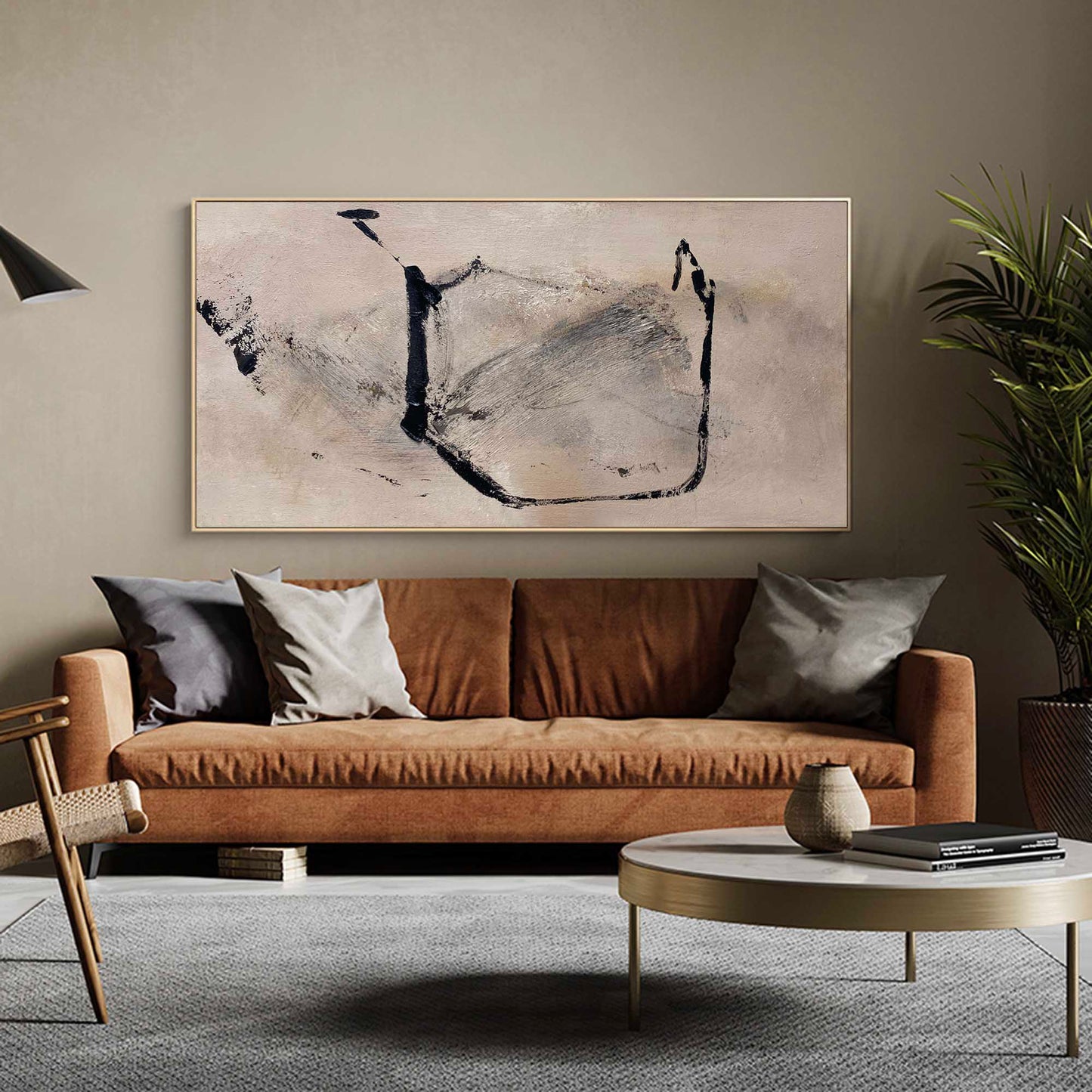 Contemporary Black and Beige Abstract Oil Painting for Modern Home Decor