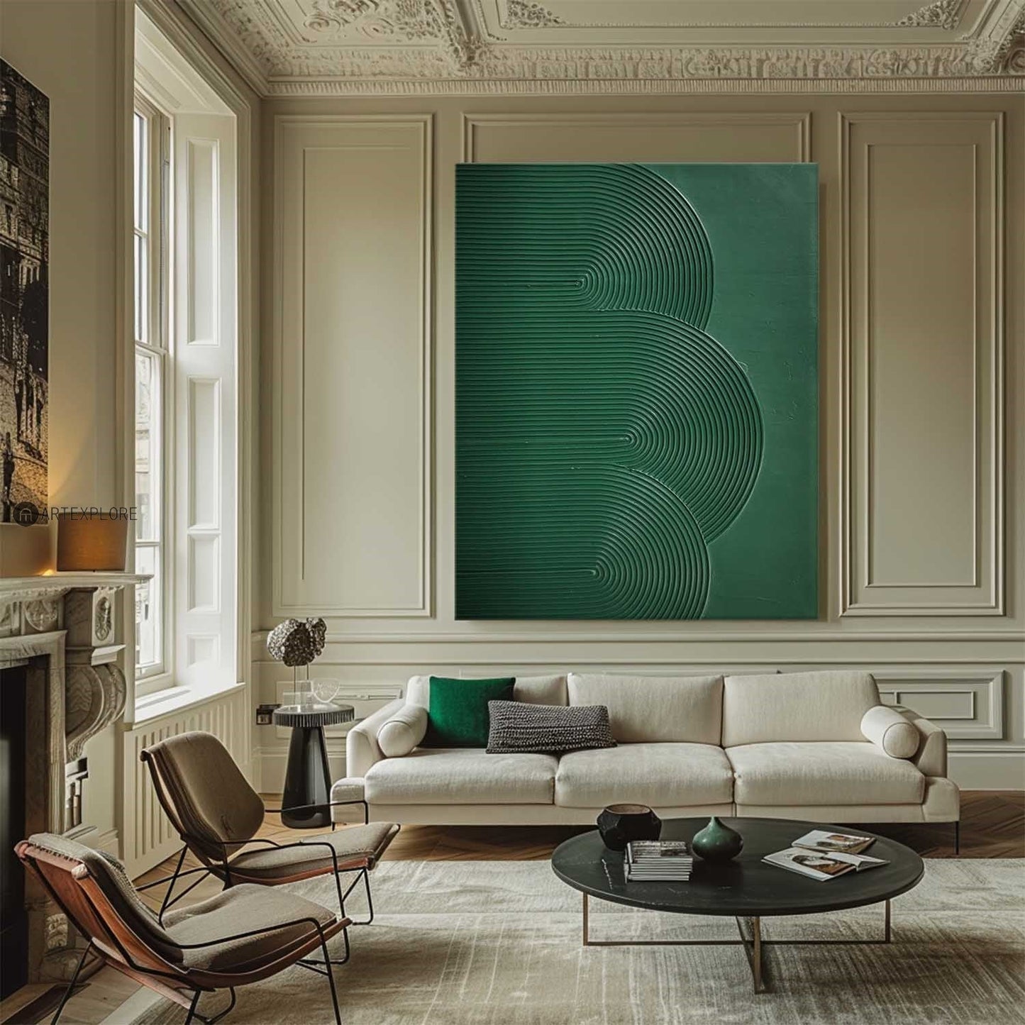 Lush Green Minimalist Oil Painting with Abstract Line Design for Modern Decor