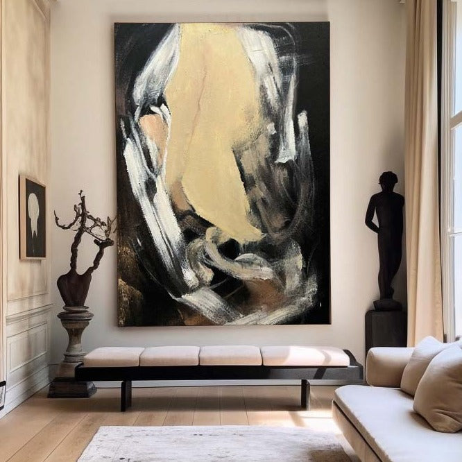 Contemporary Black and Gold Abstract Oil Painting for Modern Home Decor