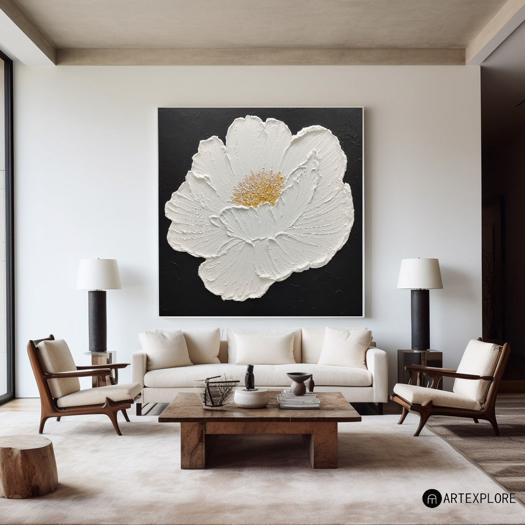 Elegant White Flower Oil Painting on Black Canvas - Modern Abstract Art Decor