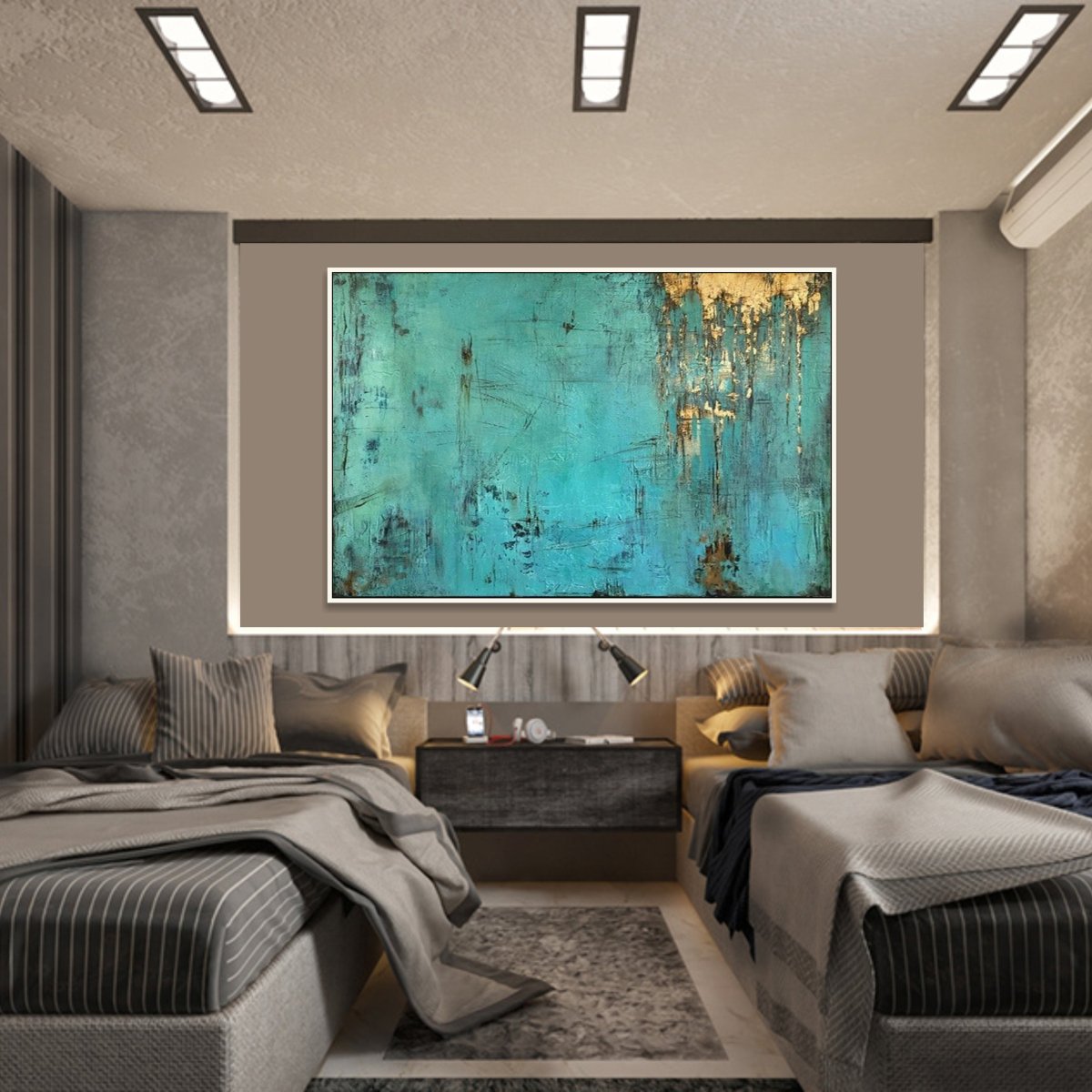 Bold Abstract Oil Painting in Teal with Gold Accents for Modern Home Decor