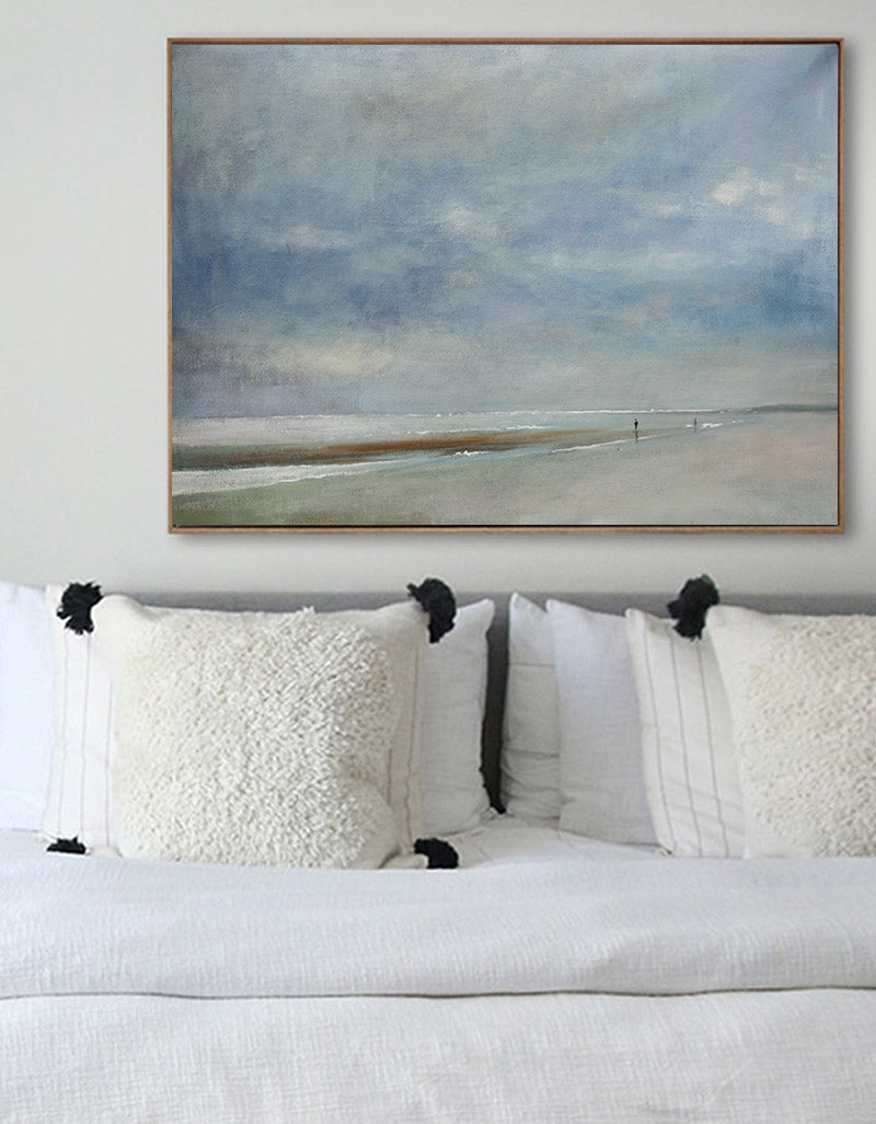 Serene Coastal Landscape Oil Painting - Tranquil Beach and Cloudy Sky Artwork