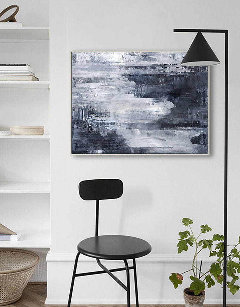 Serene Deep Blue Abstract Coastal Oil Painting for Modern Home Decor