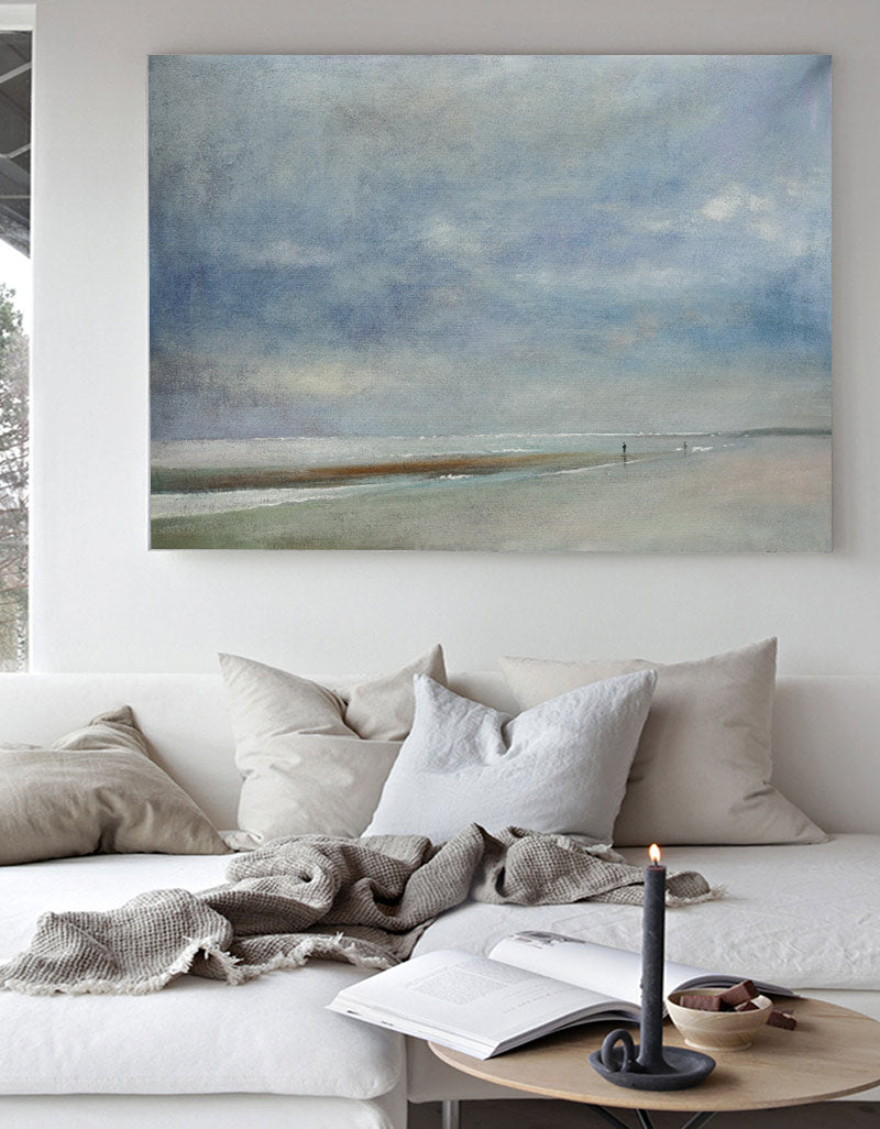 Serene Coastal Landscape Oil Painting - Tranquil Beach and Cloudy Sky Artwork