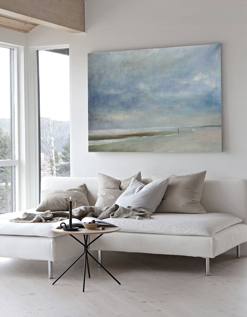Serene Coastal Landscape Oil Painting - Tranquil Beach and Cloudy Sky Artwork