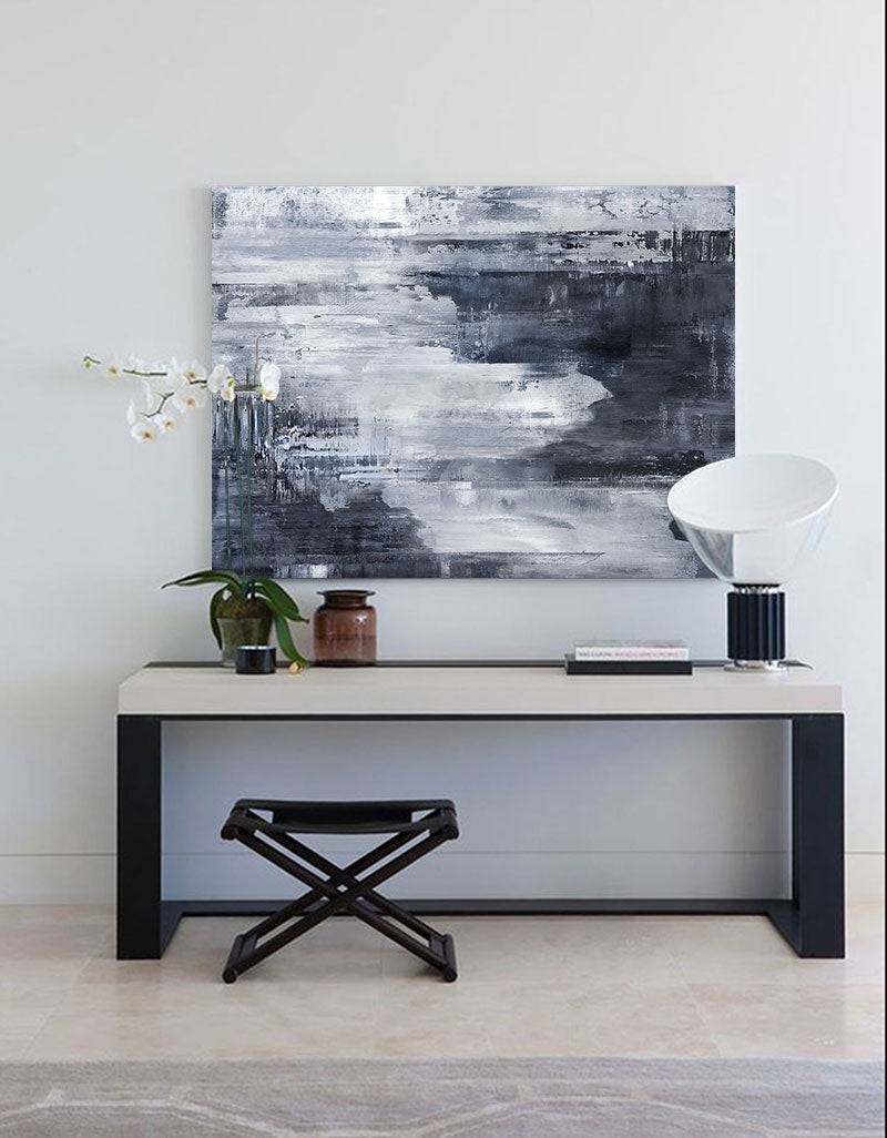 Serene Deep Blue Abstract Coastal Oil Painting for Modern Home Decor