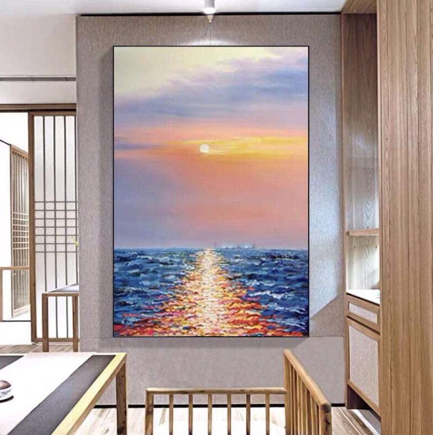 Tranquil Sunset Over Ocean Waves - Beautiful Oil Painting for Coastal Decor