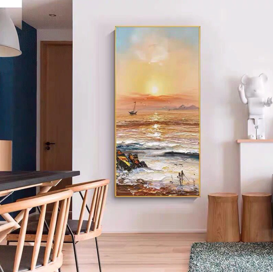 Serene Coastal Sunset Oil Painting with Sailing Boat and Gentle Waves