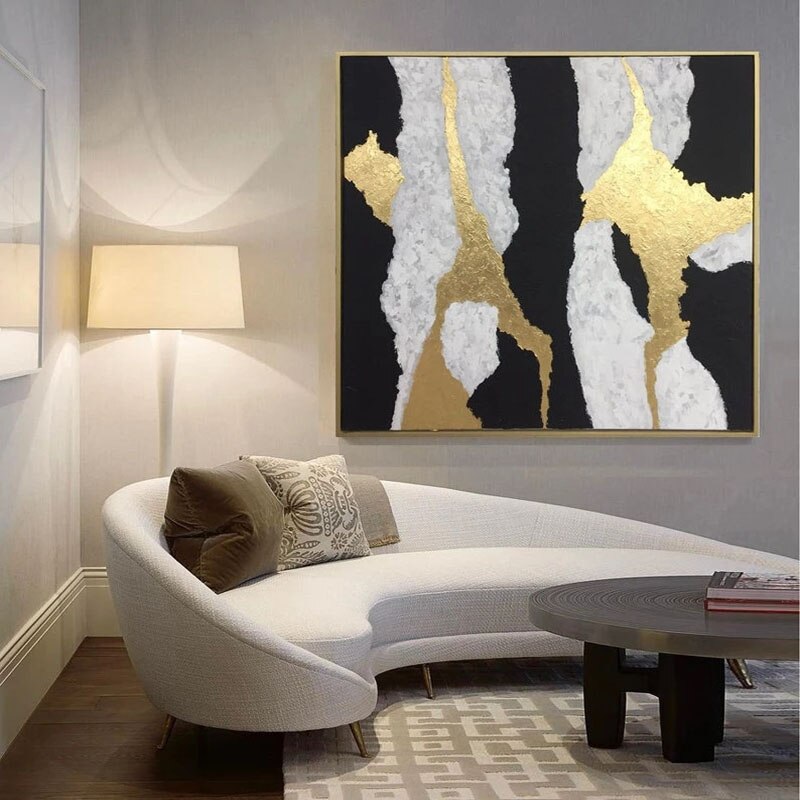 Abstract Elegance: Gold and Black Modern Oil Painting for Stylish Home Decor
