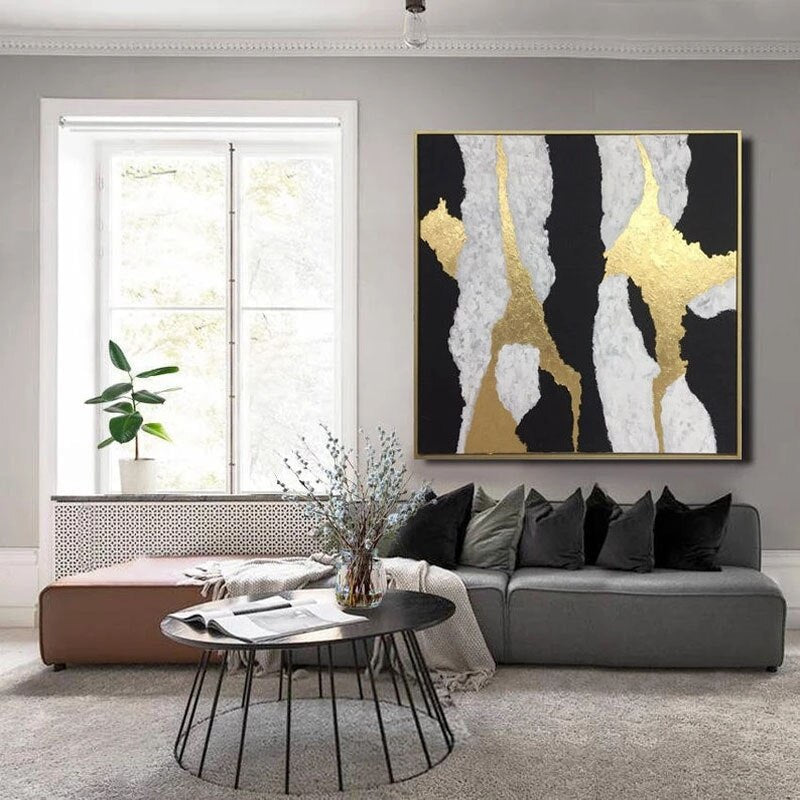 Abstract Elegance: Gold and Black Modern Oil Painting for Stylish Home Decor