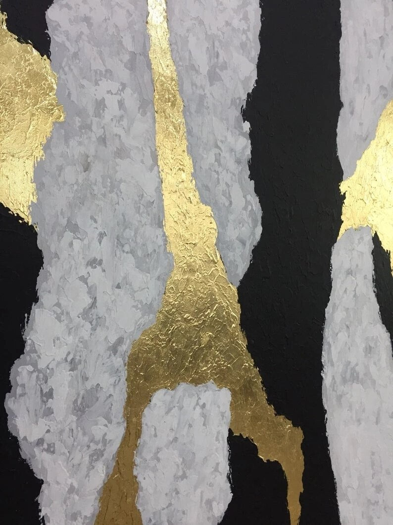 Abstract Elegance: Gold and Black Modern Oil Painting for Stylish Home Decor