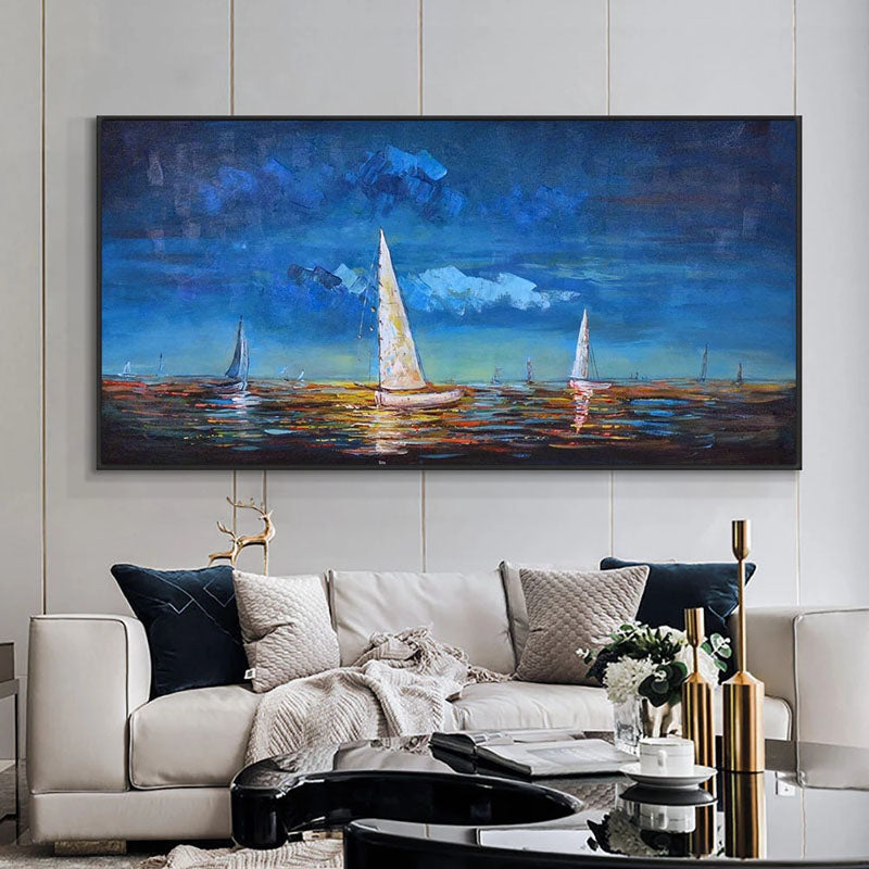 Tranquil Sunset Sail: Ocean View Oil Painting for Serene Home Décor