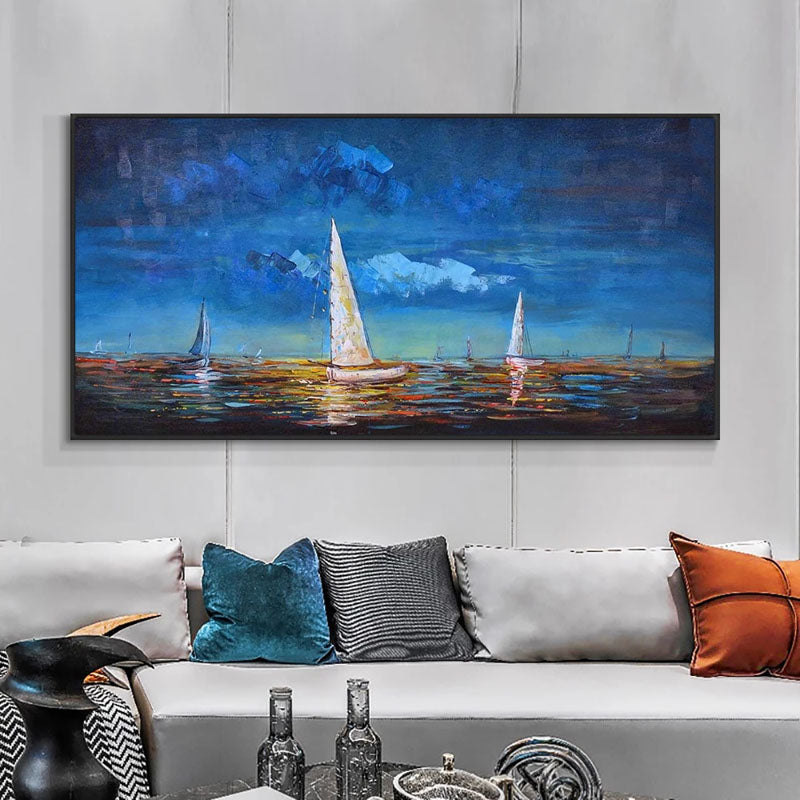 Tranquil Sunset Sail: Ocean View Oil Painting for Serene Home Décor