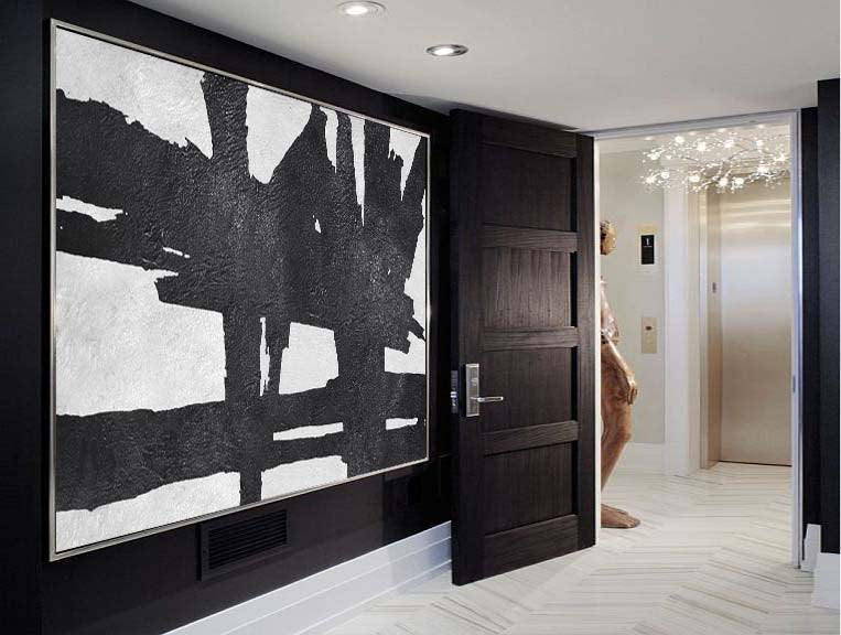 Dynamic Black and White Abstract Oil Painting for Modern Home Decor