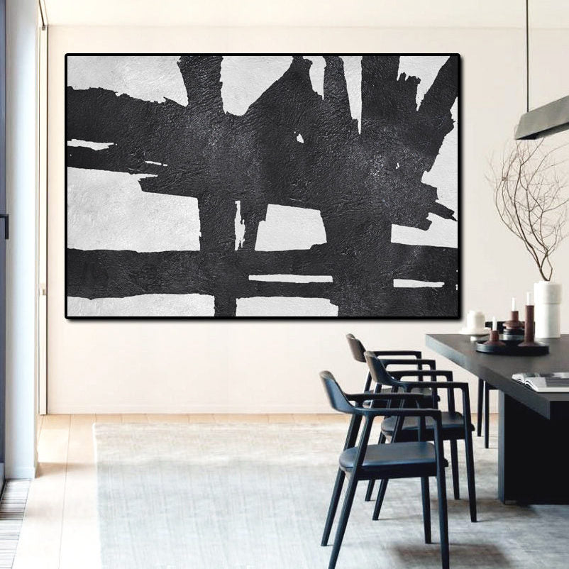 Dynamic Black and White Abstract Oil Painting for Modern Home Decor