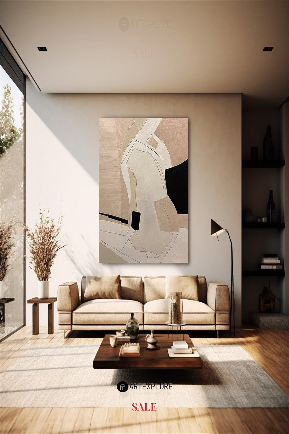 Contemporary Beige Abstract Oil Painting for Modern Home Decor