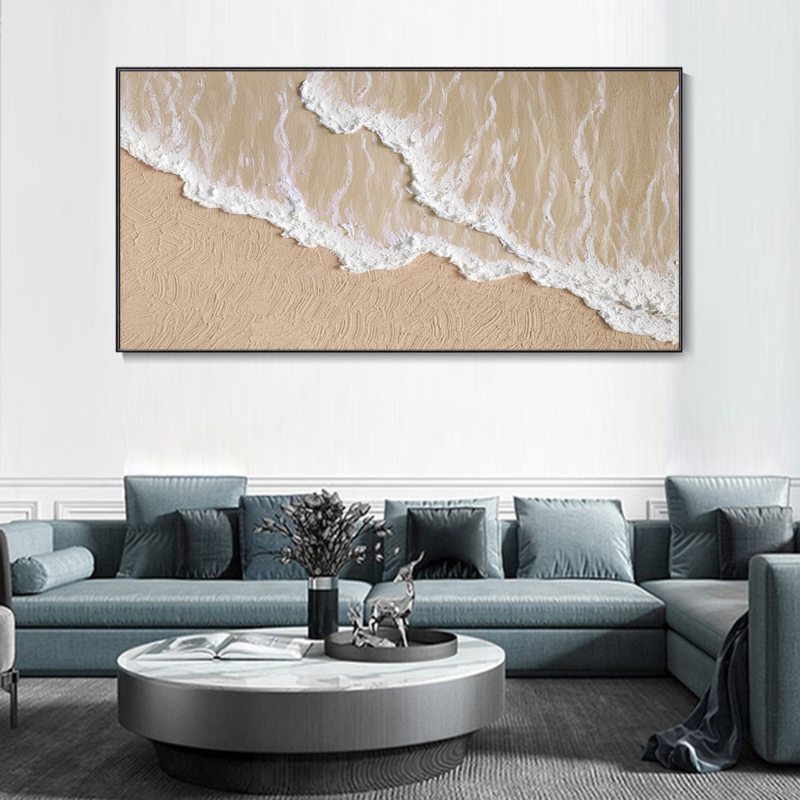Tranquil Beach Waves: Elegant Ocean-Inspired Oil Painting for Coastal Home Decor