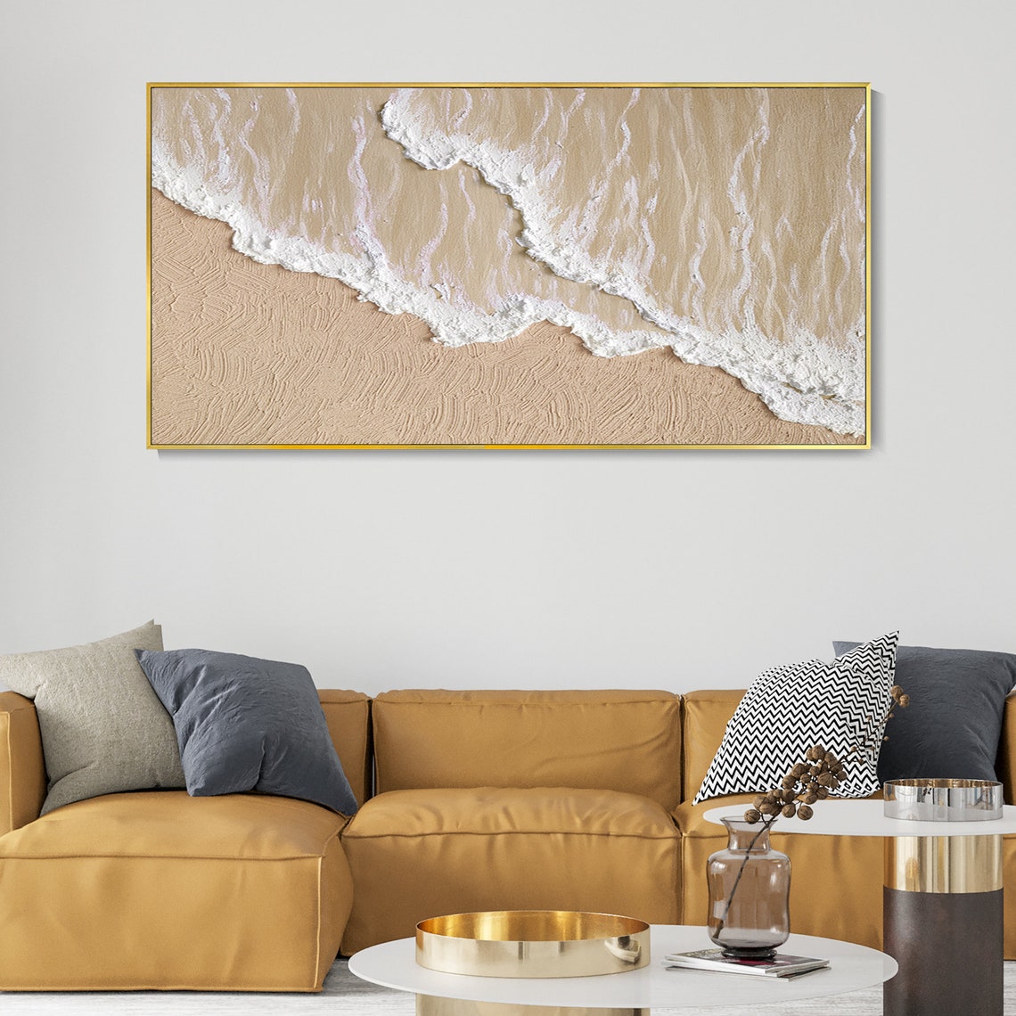 Tranquil Beach Waves: Elegant Ocean-Inspired Oil Painting for Coastal Home Decor