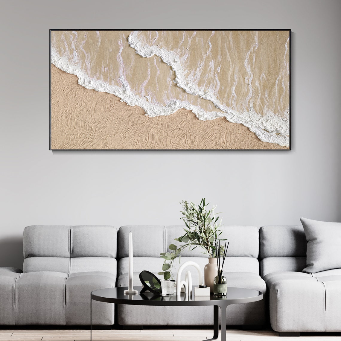 Tranquil Beach Waves: Elegant Ocean-Inspired Oil Painting for Coastal Home Decor