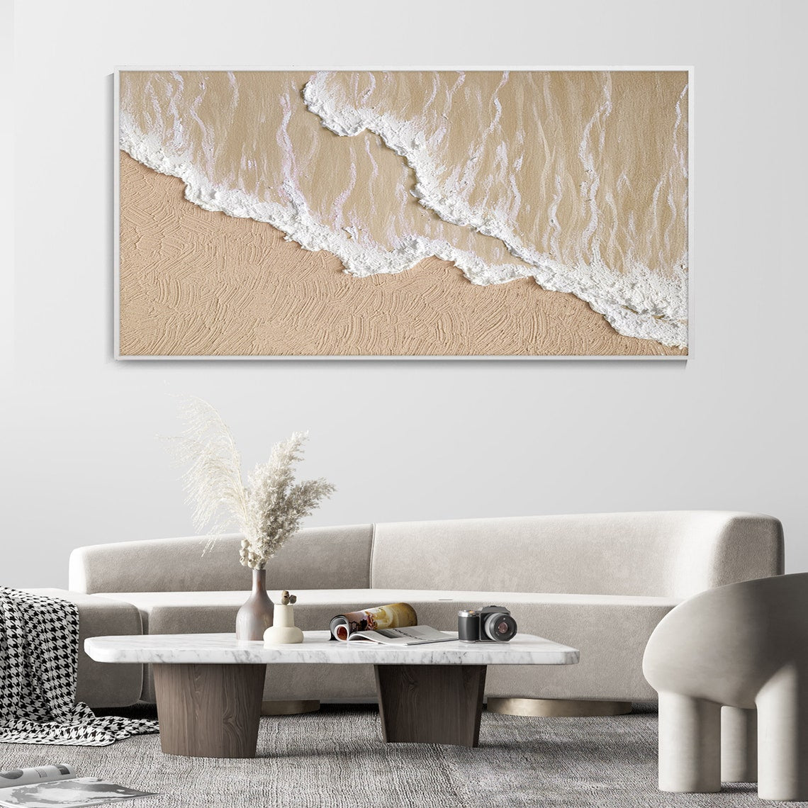 Tranquil Beach Waves: Elegant Ocean-Inspired Oil Painting for Coastal Home Decor