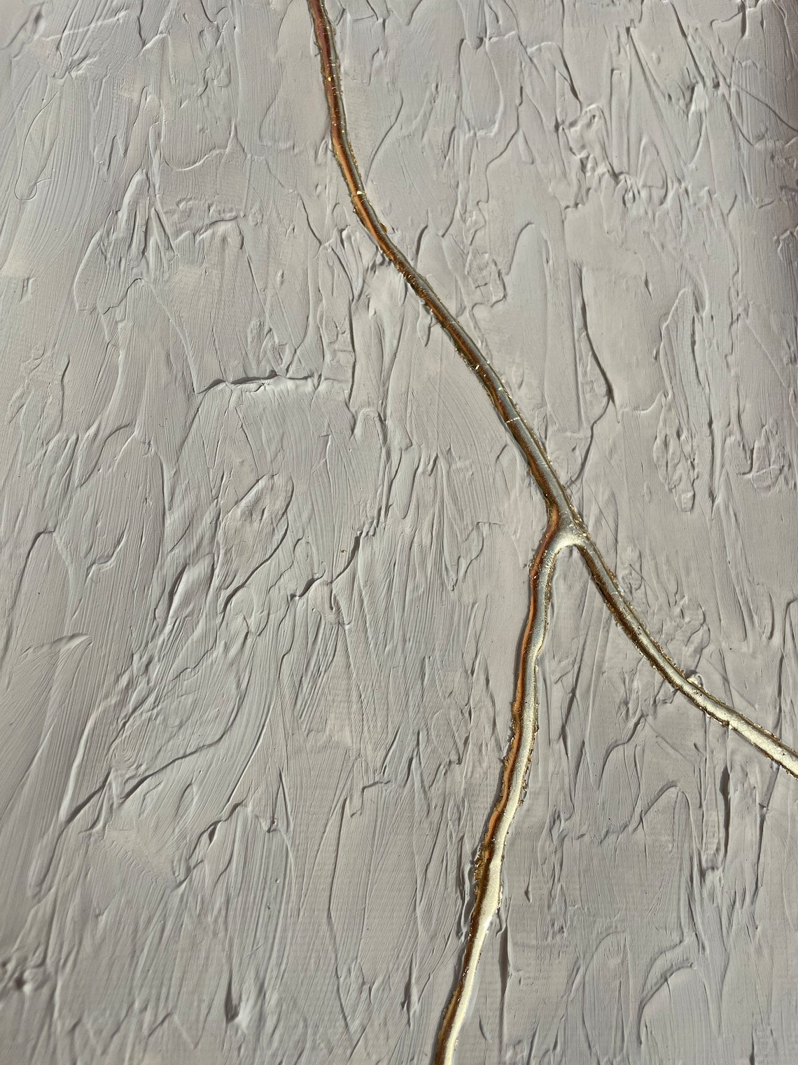 Abstract White Textured Oil Painting with Elegant Gold Line Accent