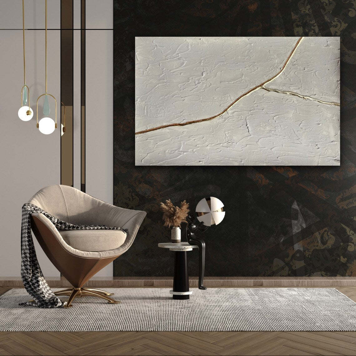 Abstract White Textured Oil Painting with Elegant Gold Line Accent