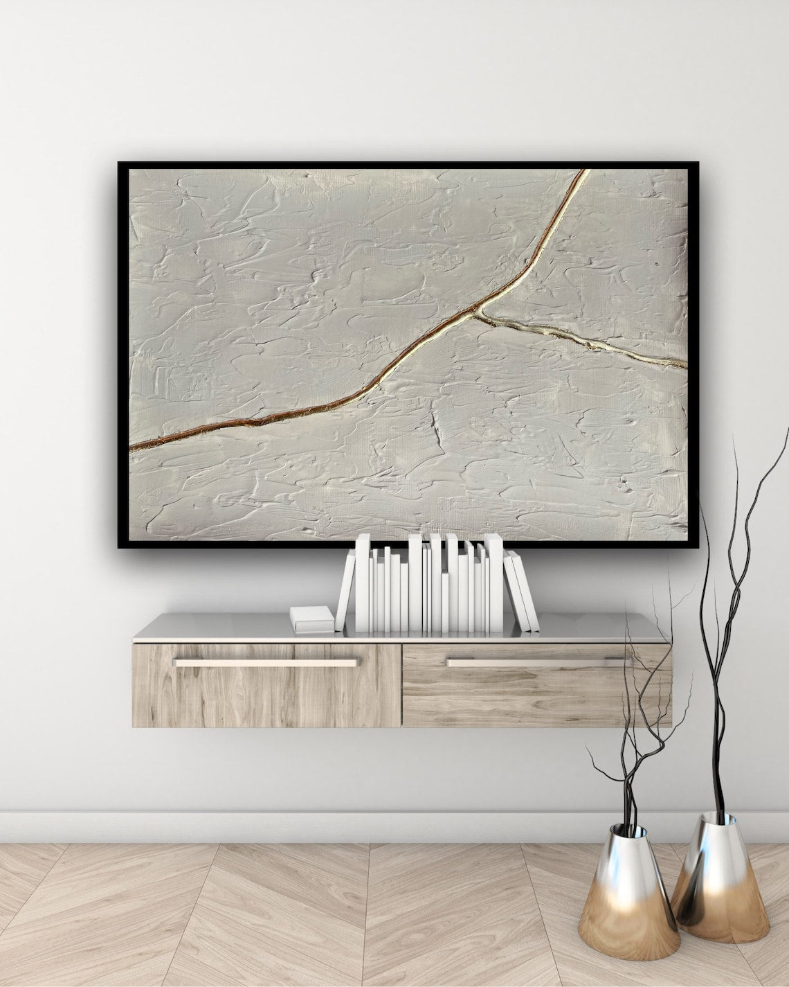Abstract White Textured Oil Painting with Elegant Gold Line Accent