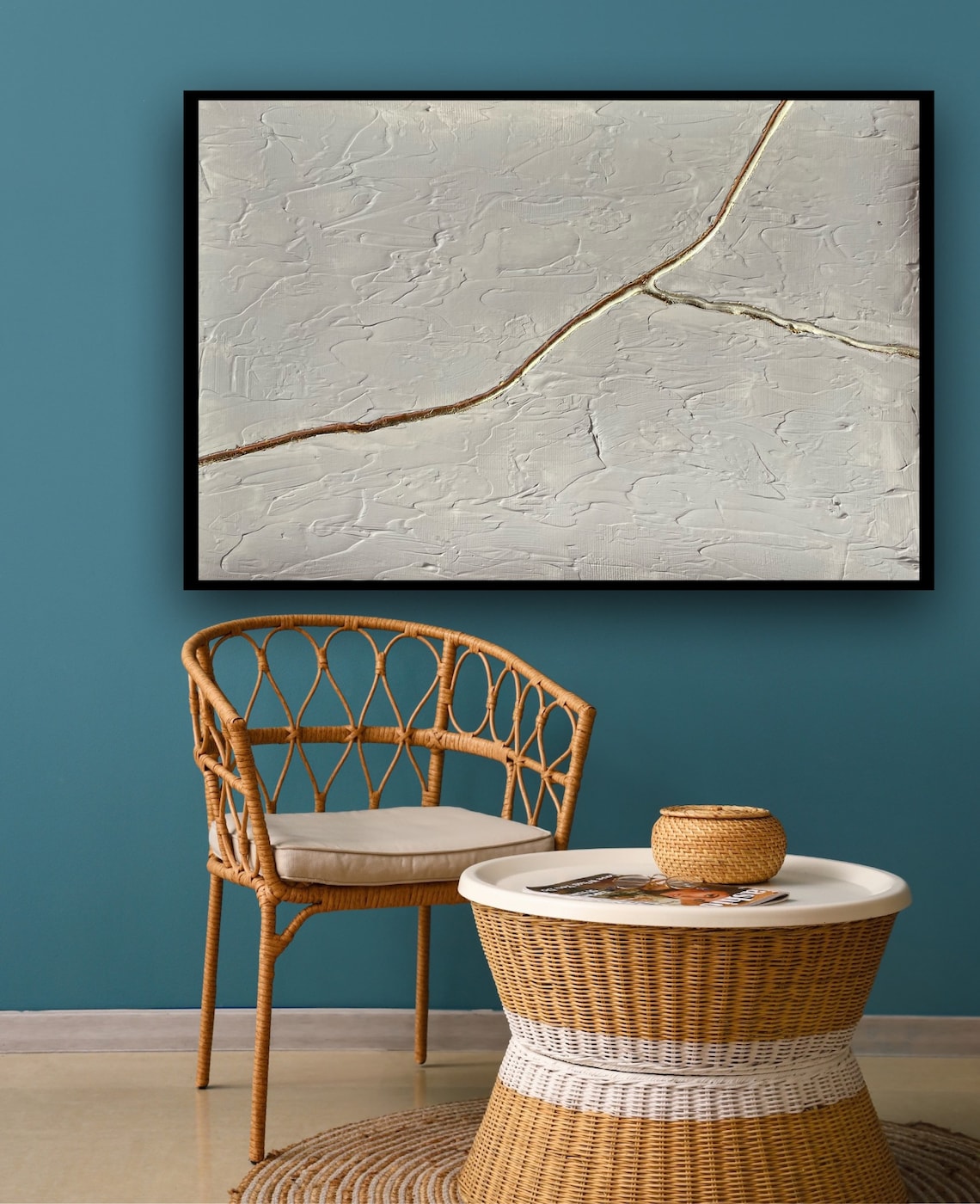 Abstract White Textured Oil Painting with Elegant Gold Line Accent