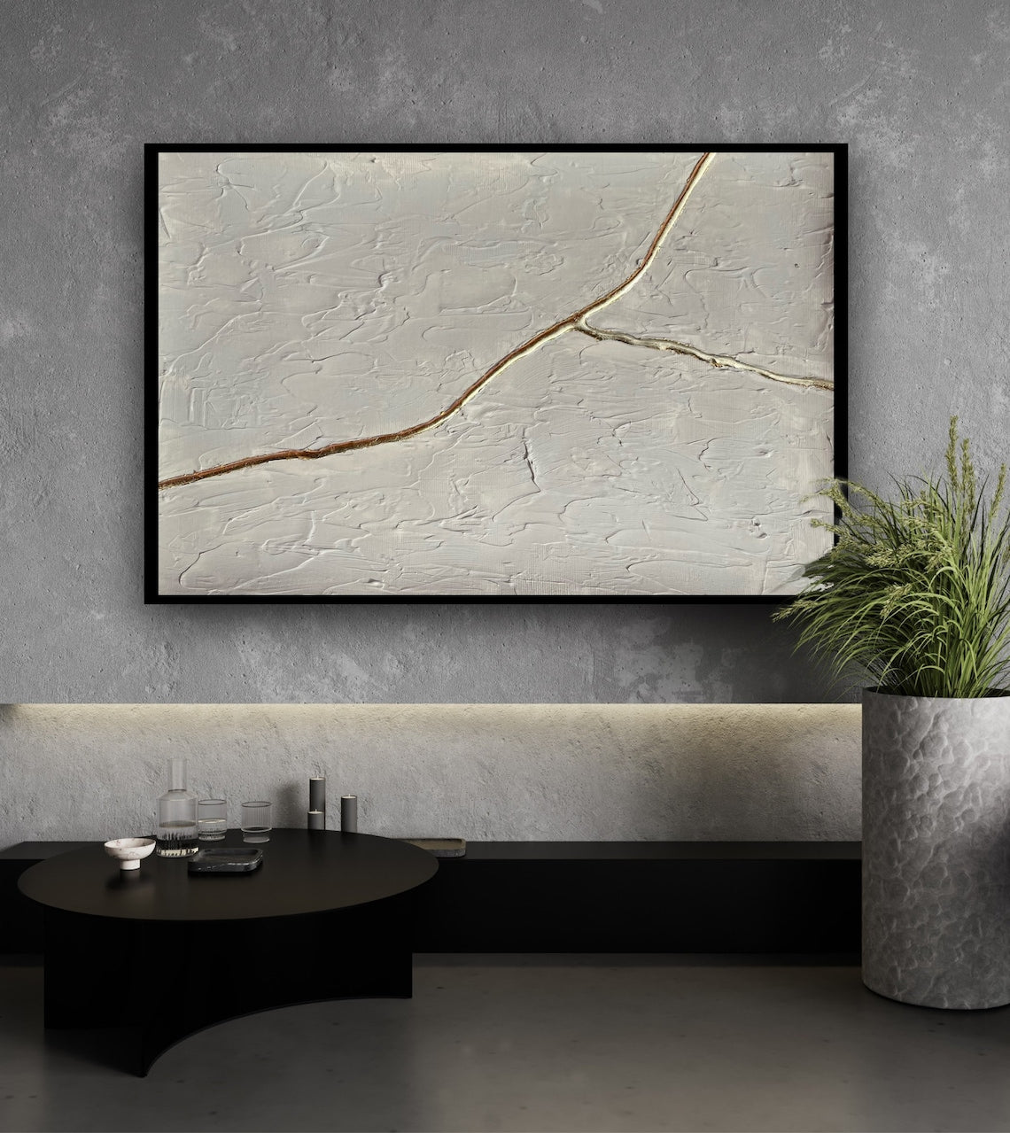 Abstract White Textured Oil Painting with Elegant Gold Line Accent