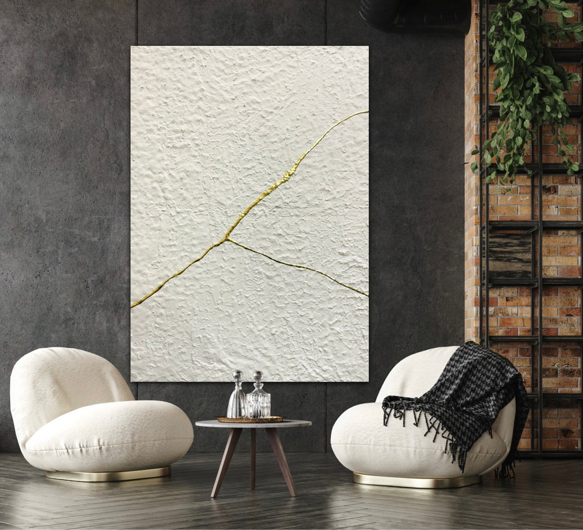 Abstract White Textured Oil Painting with Elegant Gold Line Accent