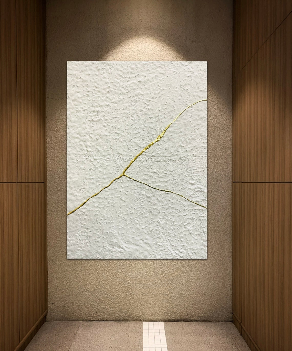 Abstract White Textured Oil Painting with Elegant Gold Line Accent